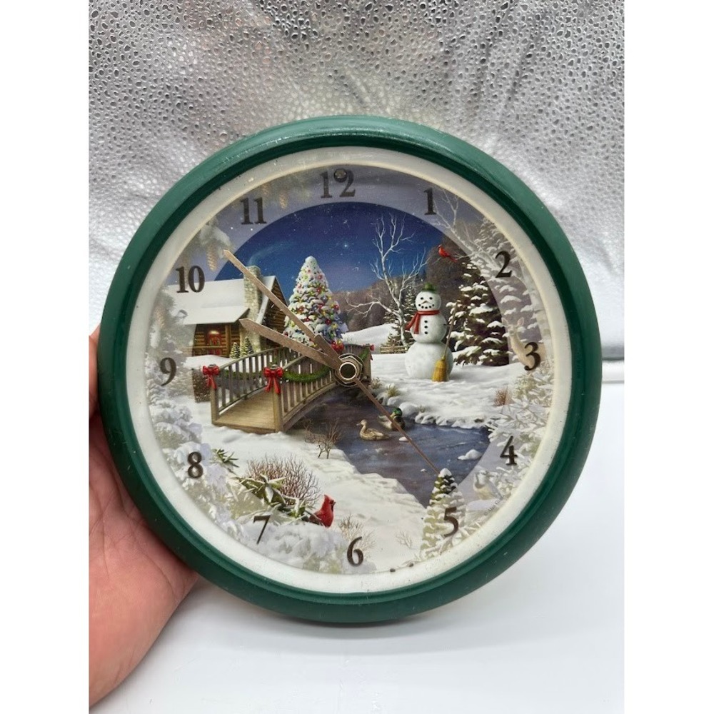 Vintage Christmas Winter Snowman Wall Clock Green Frame Holiday Decor 6.5 inch